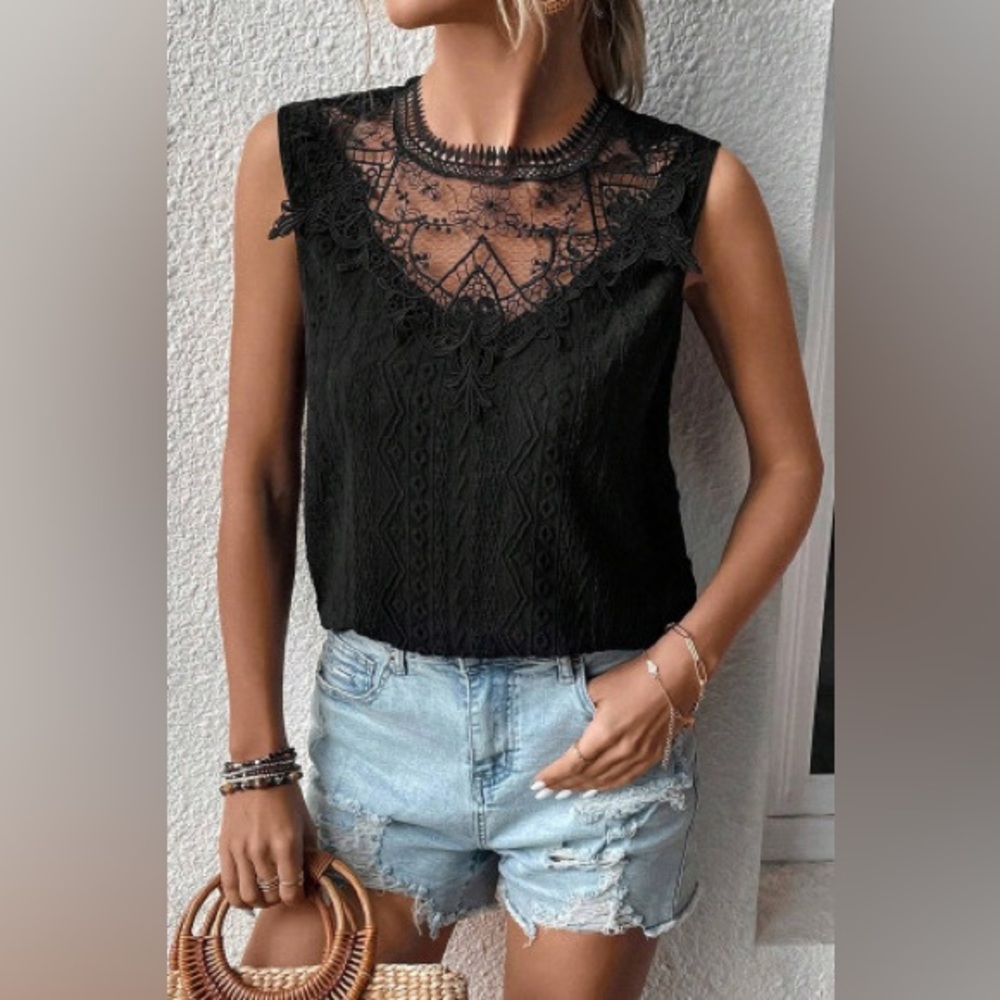 Lace Yoke Black Sleeveless Women's Top